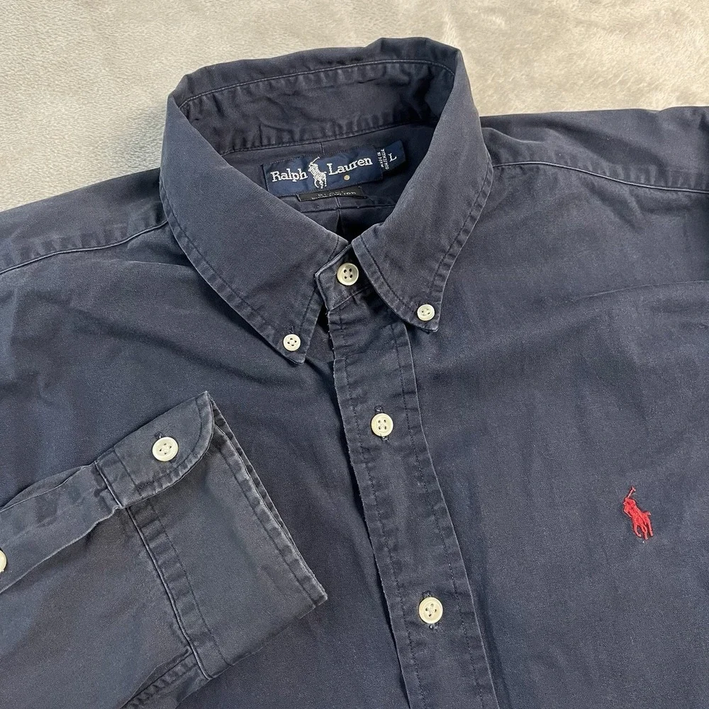 Ralph Lauren Blake Button Front Shirt Navy Logo Mens Large Long Sleeve Cotton